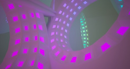 Abstract architectural background, white interior with discs. Colored neon gradient lighting. 3D illustration and rendering.