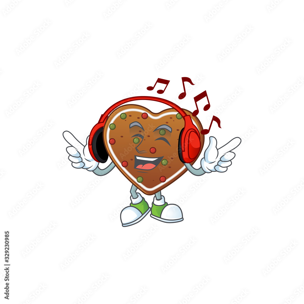 Poster cartoon mascot design of gingerbread love enjoying music