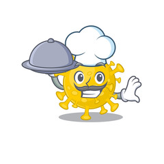 Corona virus diagnosis as a chef cartoon character with food on tray