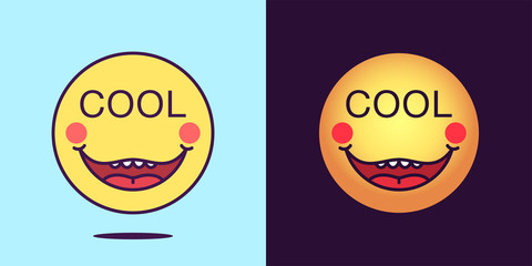 Emoji face icon with phrase Cool. Funny emoticon with text Cool. Set of cartoon faces, emotion icon for social media