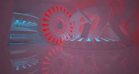 Abstract architectural background, white interior with discs. Colored neon lighting. 3D illustration and rendering.