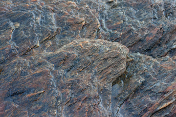 The dark surface of the stone is wet with sea water for background and textures.