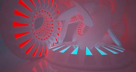 Abstract architectural background, white interior with discs. Colored neon lighting. 3D illustration and rendering.