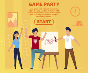 Informative Banner Game Party Lettering Cartoon. Flat Variety Family Leisure Activities Rally Family. Poster Guys and Girl are Having Fun Drawing Figures on Easel. Vector Illustration.