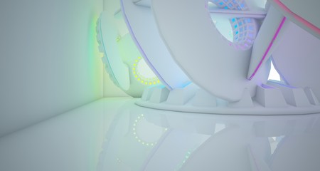 Abstract architectural background, white interior with discs. Colored gradient neon lighting. 3D illustration and rendering.