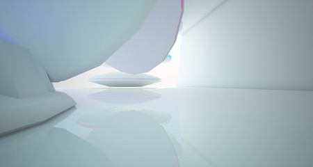 Abstract architectural background, white interior with discs. Colored gradient neon lighting. 3D illustration and rendering.