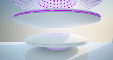 Abstract architectural background, white interior with discs. Colored neon lighting. 3D illustration and rendering.