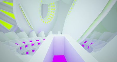 Abstract architectural background, white interior with discs. Colored neon lighting. 3D illustration and rendering.