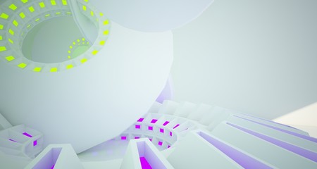 Abstract architectural background, white interior with discs. Colored neon lighting. 3D illustration and rendering.