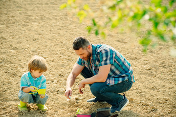 Happy young father planting a tree while his little son helping him. Father and son gardening in garden.