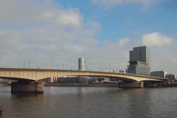 Fototapeta na wymiar Deutz Suspension Bridge (Deutzer Brucke) over Rhine River. Cologne, Germany