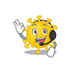 Charming corona virus diagnosis cartoon character design wearing headphone