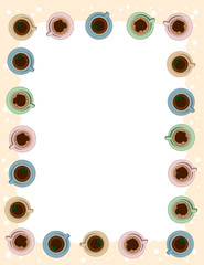 Tea and coffee cups postcard template in pastel colors. Morning cafe or restaurant breakfast. Letter format vector banner with place for your text. Cozy boho poster candles ornament