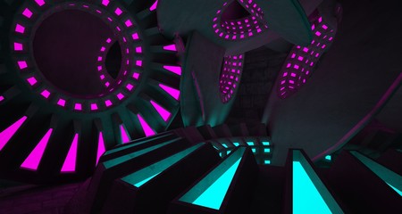 Architectural background. Abstract concrete interior with discs. Colored neon lighting. 3D illustration and rendering.