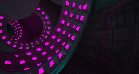 Architectural background. Abstract concrete interior with discs. Colored neon lighting. 3D illustration and rendering.