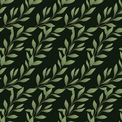 Fototapeta na wymiar Vector seamless pattern with diagonal bay leaf twigs on dark green background; natural design for fabric, wallpaper, packaging, textile, web design.