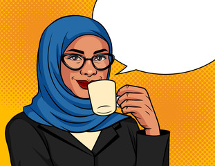 Vector color illustration in pop art style. Muslim woman in a traditional scarf and glasses is drinking coffee. Arabic successful business woman over dot background with cup of coffee in her hand