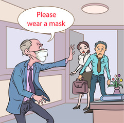 This man asked for his staff to wear an anti-infection mask. Pop art retro illustration comic Style Vector, Separate images of people from the background.