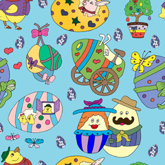 Seamless pattern vector hand drawn Easter painted egg, couple in hats, car and house egg, chickens, rabbit and butterflies. Colorful background for easter festival, banners, posters, cards, wallpapers