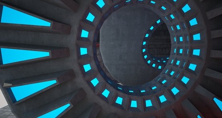 Architectural background. Abstract concrete interior with discs. Colored  neon lighting. 3D illustration and rendering.