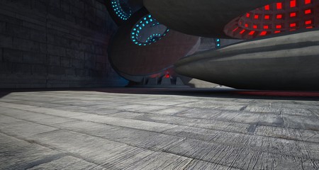 Architectural background. Abstract concrete interior with discs. Colored  neon lighting. 3D illustration and rendering.