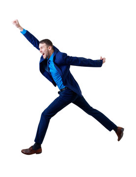 Full Length Happy Businessman Jumping Forward In The Air.