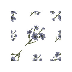 Hand embroidery style blue flowers seamless pattern. Summer blue flowers for fabric printing. Diagonal direction