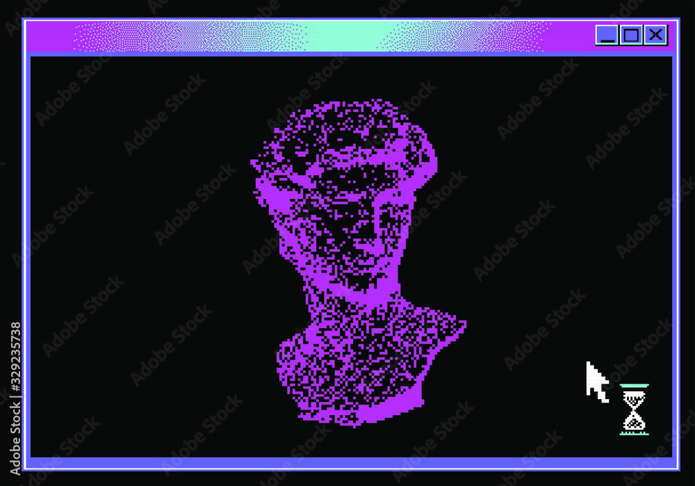 Poster pixel art illustration with retro 80's command-line interface and bust sculpture. vaporwave and retr