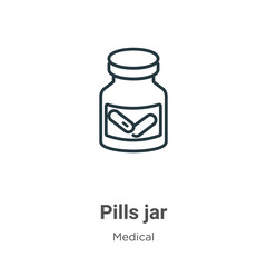 Pills jar outline vector icon. Thin line black pills jar icon, flat vector simple element illustration from editable medical concept isolated stroke on white background