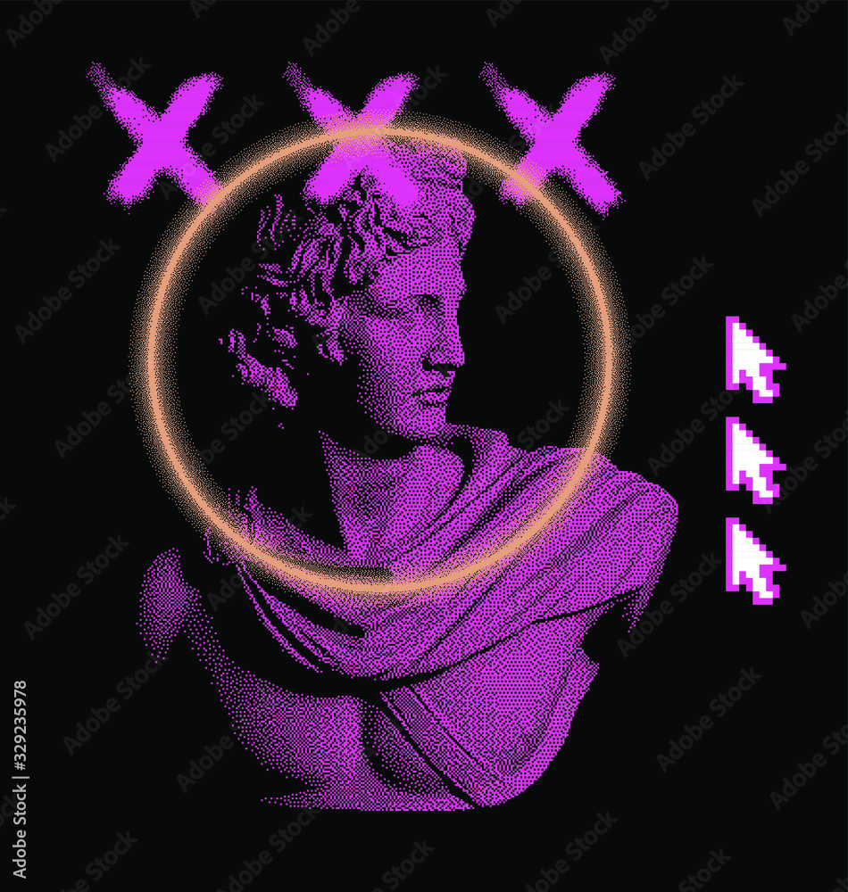 Poster Pixel art ilustration with retro 80's UI elements and statue of Apollo Belvedere. Vaporwave and retrowave style collage.