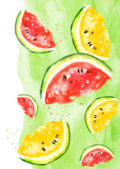 watercolor pattern with a piece Watermelon, vintage bright drawing of a topical fruit. Juicy Watermelon. Watercolor background. Abstract paint splash. Red and yellow slices of watermelon, melons