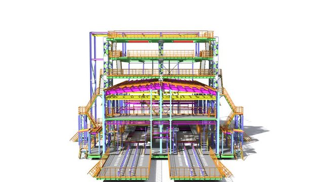 Animation of a BIM model of a building structure made of metal structures made by structural engineers. 3D design project.