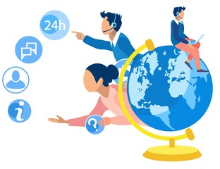 Informative Banner World Call Center Coverage. Operator is Enthusiastic about Work. Consultants Answer Questions and Give Information Upon Request. Guy is Sitting on Globe. Vector Illustration.