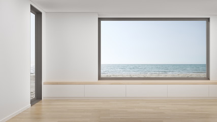 Cabinet on wooden floor of empty large living room in modern new house or luxury hotel. Minimal home interior 3d rendering with beach and sea view.