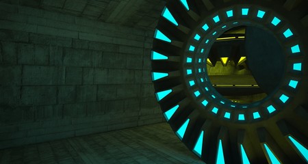 Architectural background. Abstract concrete interior with discs. Colored neon lighting. 3D illustration and rendering.