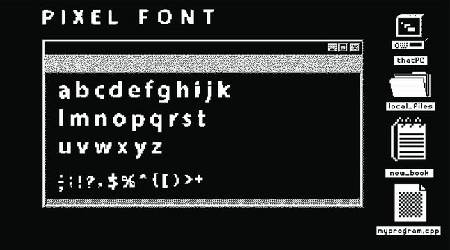 Pixel alphabet letters &  punctuation marks. Modern stylish font or typeface for headline in style of 80's retro video game, vintage computer typography.