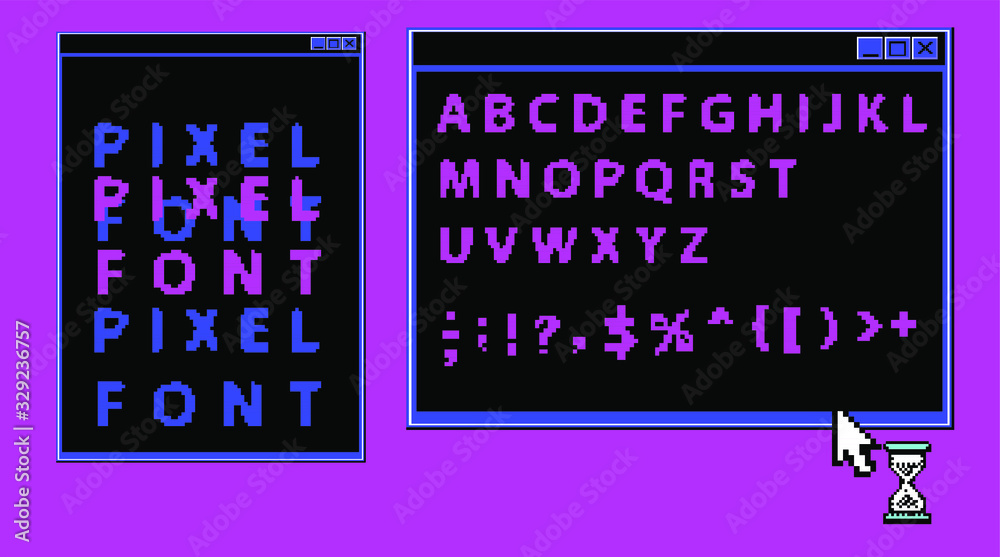 Poster Pixel alphabet letters and punctuation marks. Modern stylish font or typeface for headline in style of 80's retro video game, vintage computer typography.