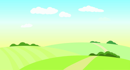 Fototapeta na wymiar Landscape with green fields, hills. Vector illustration. Rural view.