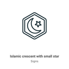 Islamic crescent with small star outline vector icon. Thin line black islamic crescent with small star icon, flat vector simple element illustration from editable signs concept isolated stroke on