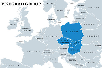 Fototapeta premium Visegrád Group member states political map. Visegrád Four, V4. Cultural and political alliance of Central European countries Czech Republic, Hungary, Poland and Slovakia. English. Illustration. Vector