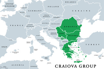 Craiova Group (Quadrilateral) member states political map. Craiova Four or C4, a cooperation project of the four European states Romania, Bulgaria, Greece and Serbia. English. Illustration. Vector.