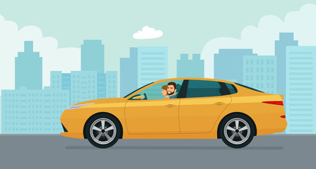 Sedan car with a driver man and woman on a background of abstract cityscape. Vector flat style illustration.