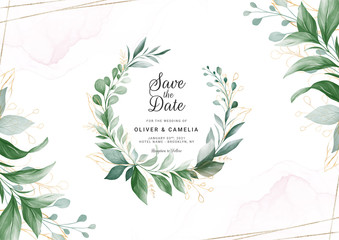 Modern foliage wedding invitation card template with watercolor gold floral frame, border. Greenery floral border save the date, invitation, greeting card vector