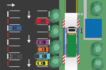 Top view of container Trainer onboard, payload technician out of place. And personal cars on the parking lot. © thongchainak