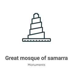 Great mosque of samarra outline vector icon. Thin line black great mosque of samarra icon, flat vector simple element illustration from editable monuments concept isolated stroke on white background