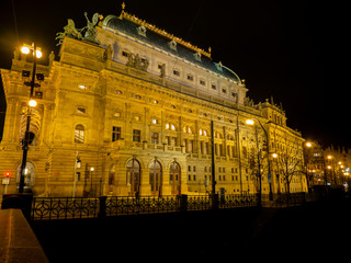 Prague, Czech Republic. The facade of the famous National theatre. Night view