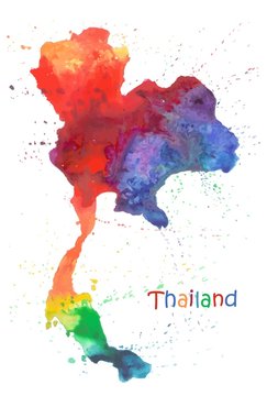 Watercolor map of Thailand. Stylized image with spots and splashes of paint