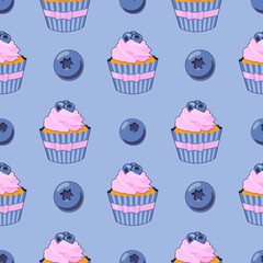 Vector pattern with blueberry and cupcake