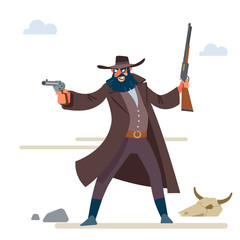 The character is a cruel bandit with a dark beard in a long raincoat, with a revolver and a rifle. Cartoon vector illustration. Flat style. Isolated on white background