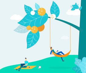 Young People on Picnic in Park Vector Illustration. Relaxed Friends Cartoon Characters. Man Lying in Hammock, Guy Sitting with Laptop. Outdoor Activity, Fresh Air Recreation. Summer Leisure